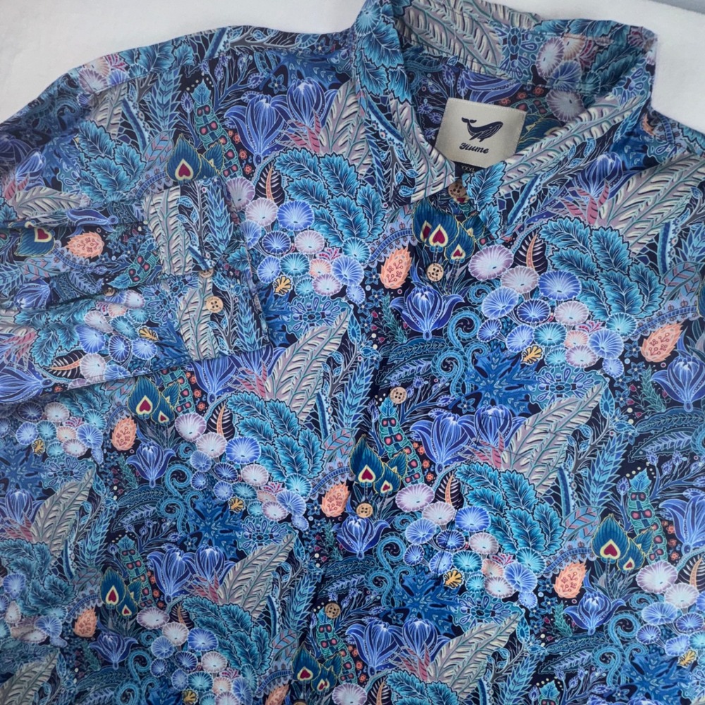Yiume Button Down Shirt Mens XXXL Blue Floral Peacock Print Cotton Short Sleeve